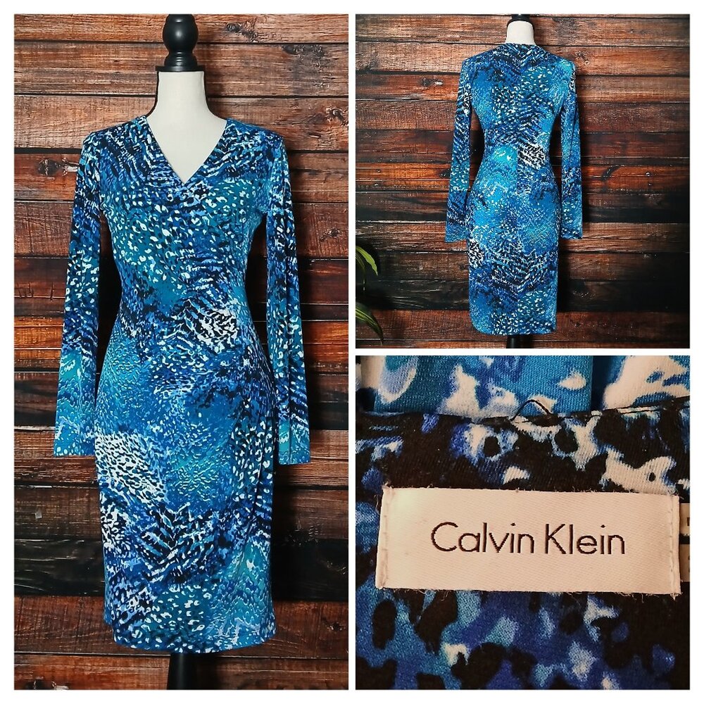 Calvin Klein Faux Wrap Dress 2 Ruched Blue Ocean Spray Long Sleeve Zip Back